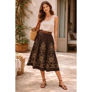 Vintage 90s Y2K Allison Taylor Brown Cottage Embroidered A-Line Midi Skirt 6